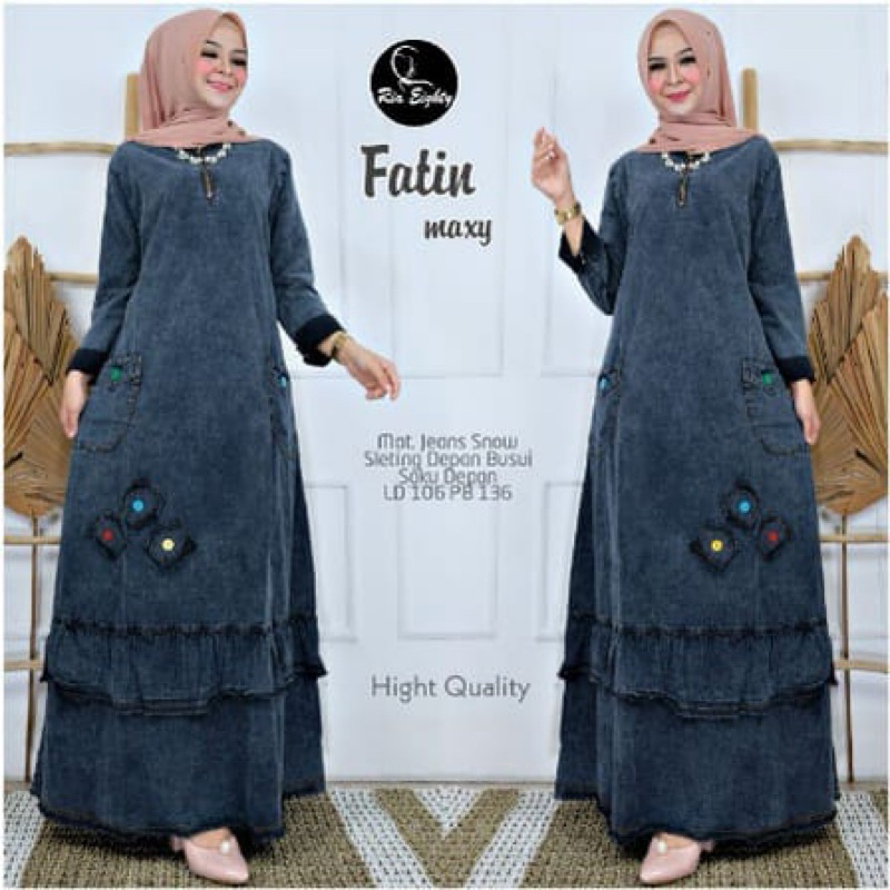 Fatin Maxy Dress Jeans Wanita Korea Style/Baju Gamis Jeans Wanita Jumbo Ld 110 Pb 136 Terbaru/Gamis 