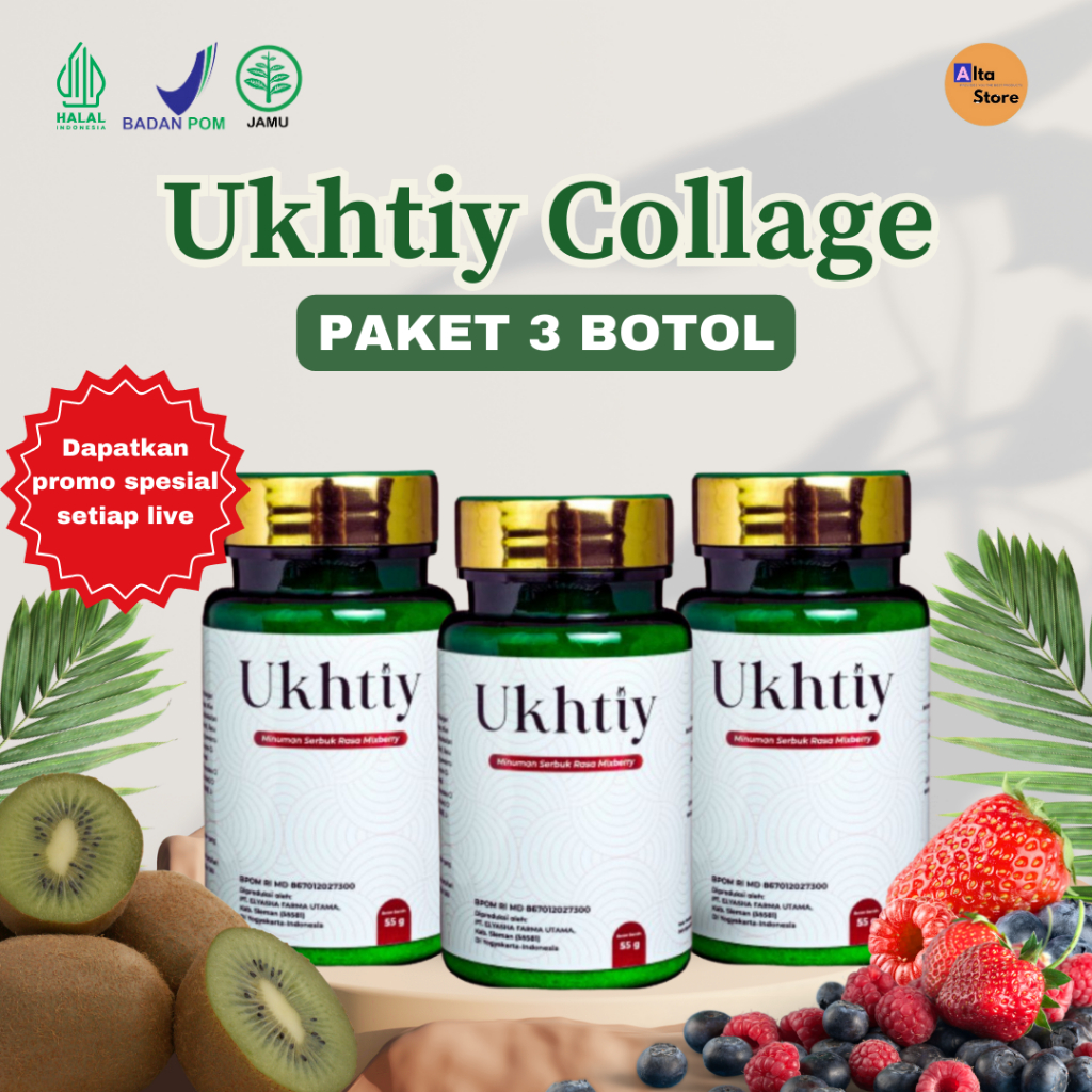 Kolagen UKHTIY (3 BOTOL) - Minuman Suplemen Kulit Bantu Mencerahkan Kulit dan Memutihkan Seluruh Bad