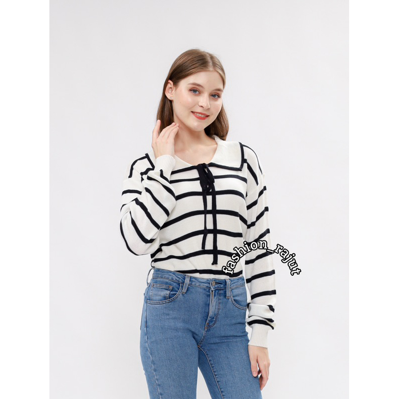 Ulyani Stripe Krah Vita-Atasan Rajut Wanita