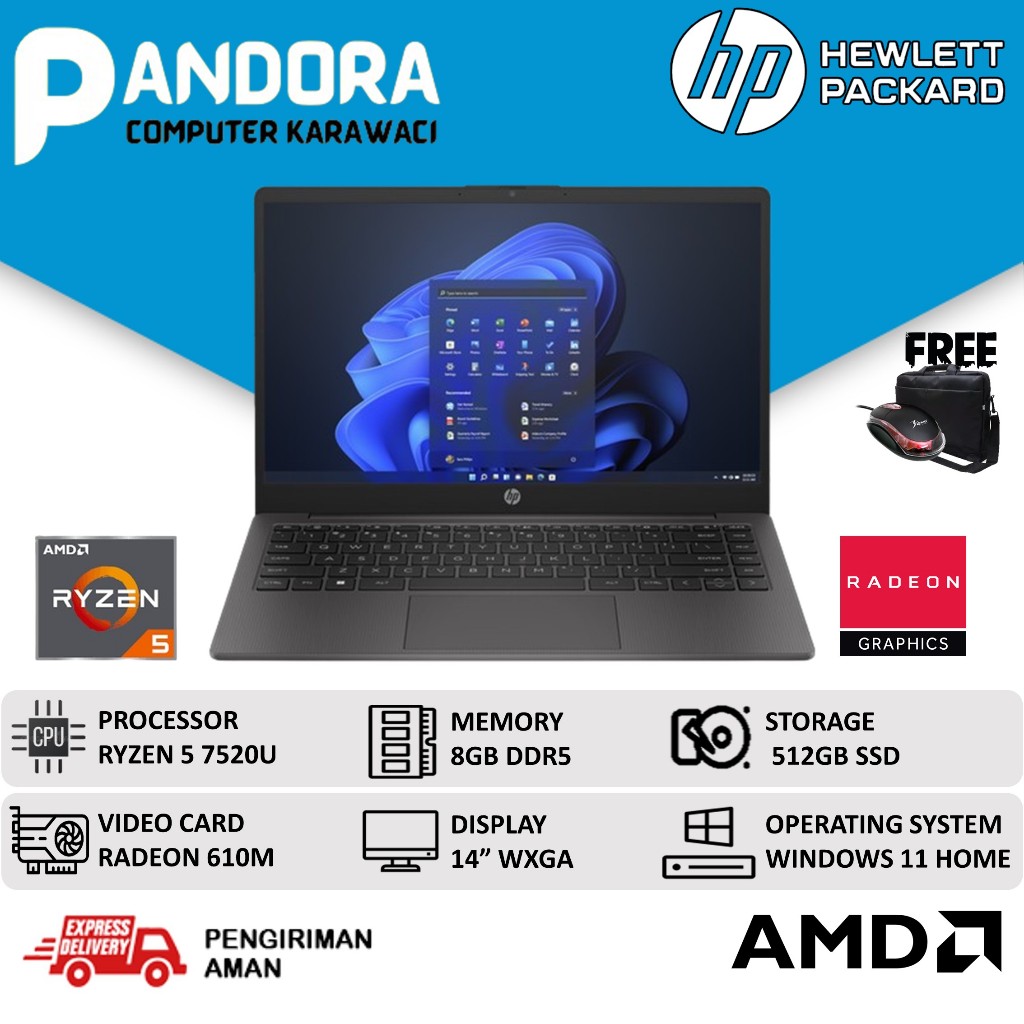 LAPTOP HP 245 G10 RYZEN 5 7520U 8GB DDR5 SSD 512GB WINDOWS 11