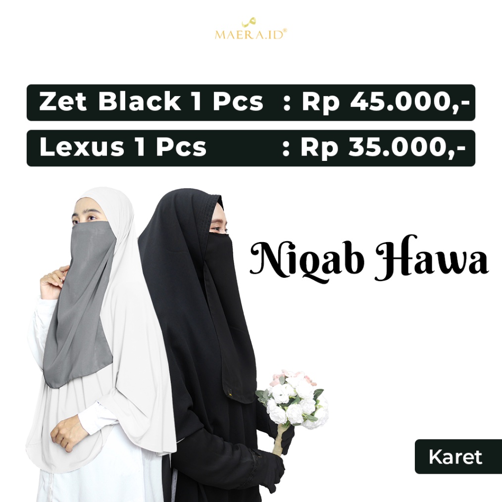 KODE U48V Niqab Cadar Karet atau Tali 2 Layer Sifon Silk Jetblack Premium HAWA By Maera