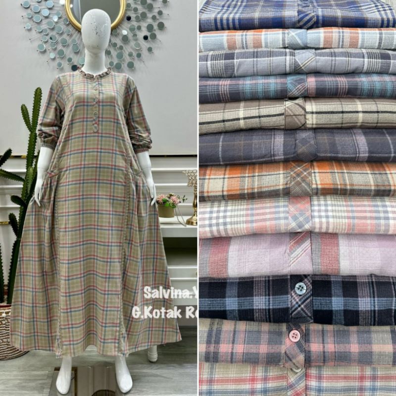 Gamis kotak kerah cipir salvina ys / gamis katun motif kotak ori salvina ys