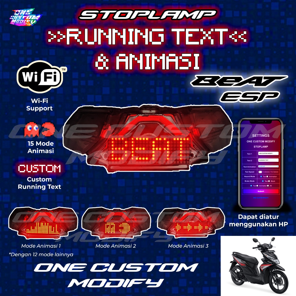 Stoplamp Running Text Animasi Beat ESP Lampu LED Rem Belakang Modifikasi Variasi Motor