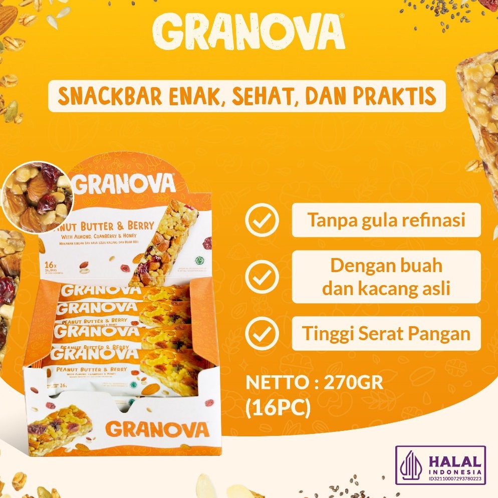 

Spesial Promo Granova Snackbar Peanut Butter Berry 26gr x 16 pcs Rasa Selai Kacang Beri Cemilan Sehat Gandum Halal