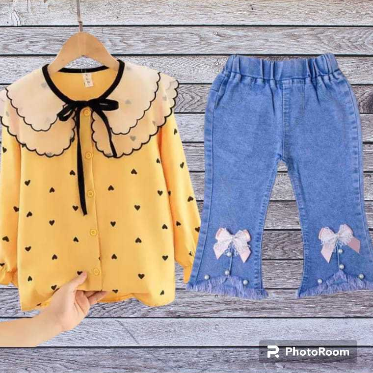 SETELAN ANAK PEREMPUAN KEMEJA LENGAN PANJANG +JEANS IMPORT USIA 10 TAHUN / SETELSN ANAK WANITA KEKIN