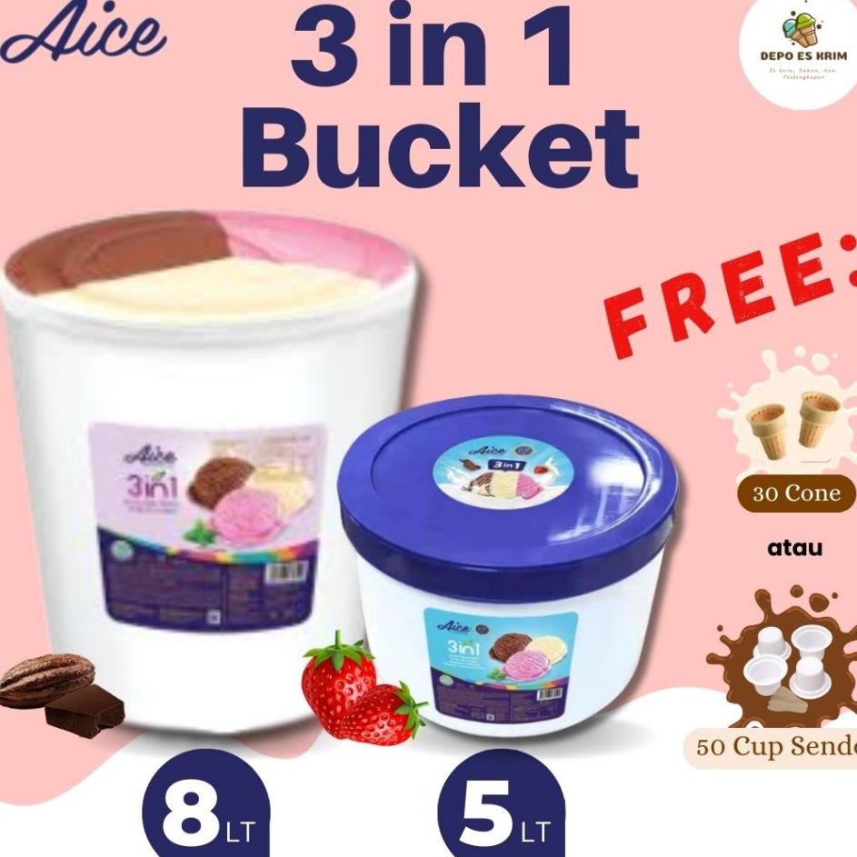 Serbu sekarang Es Krim AICE Bucket 8 liter 5 liter 3 in 1 Neapolitan Vanilla Coklat Gratis Cone  Cup Ready Stock