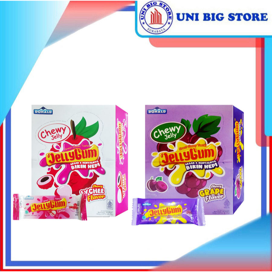 

Donald Chewy Jelly Gum GRAPE | LYCHEE 24 pcs x 23 gr Anggur Leci BOX