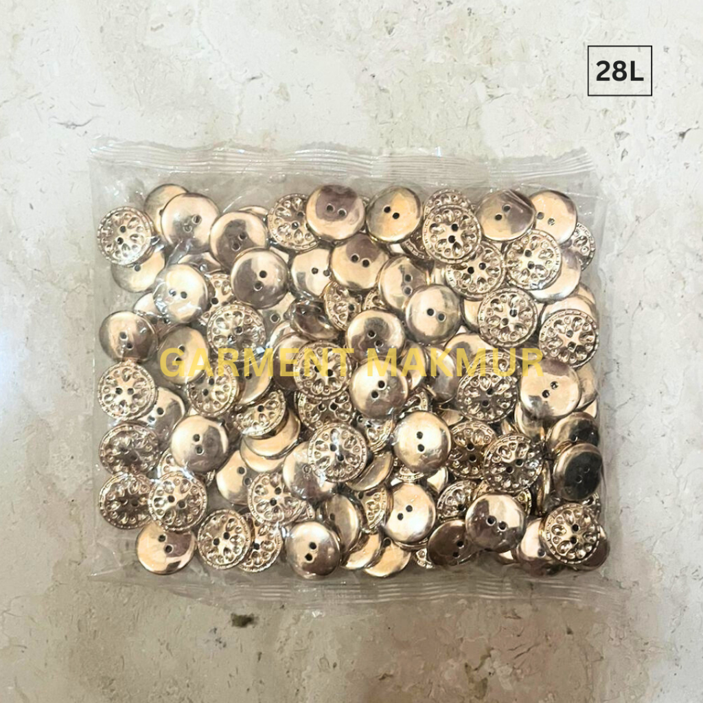 Kancing Kemeja Lubang Dua Ukuran 28L Motif Bunga Kotak Lekuk Warna Emas Silver | Kancing Blouse Rose