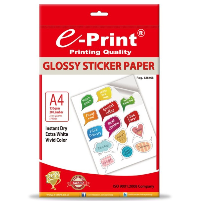 

Glossy Sticker Paper e-Print A4 135Gsm 20Sheet Kertas Stiker Mengkilap Putih JunDW
