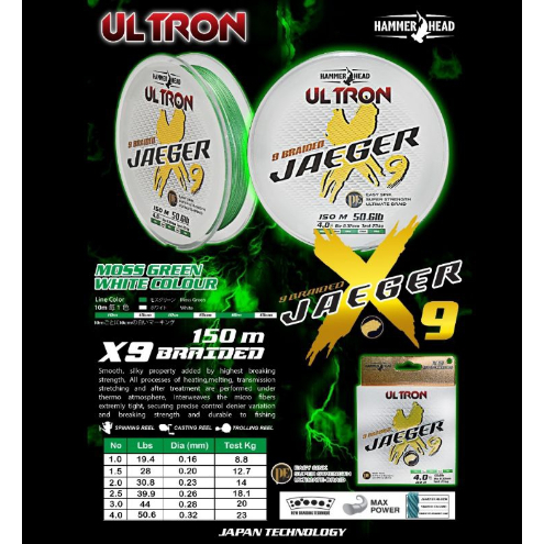 Senar Pancing PE Hammerhead Hammer Head Ultron Jaeger X9 Hijau 150 meter