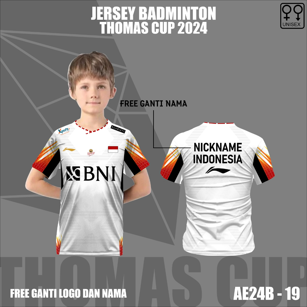 Jersey badminton anak thomas cup 2024 baju olahraga bulutangkis free custom nama dan logo