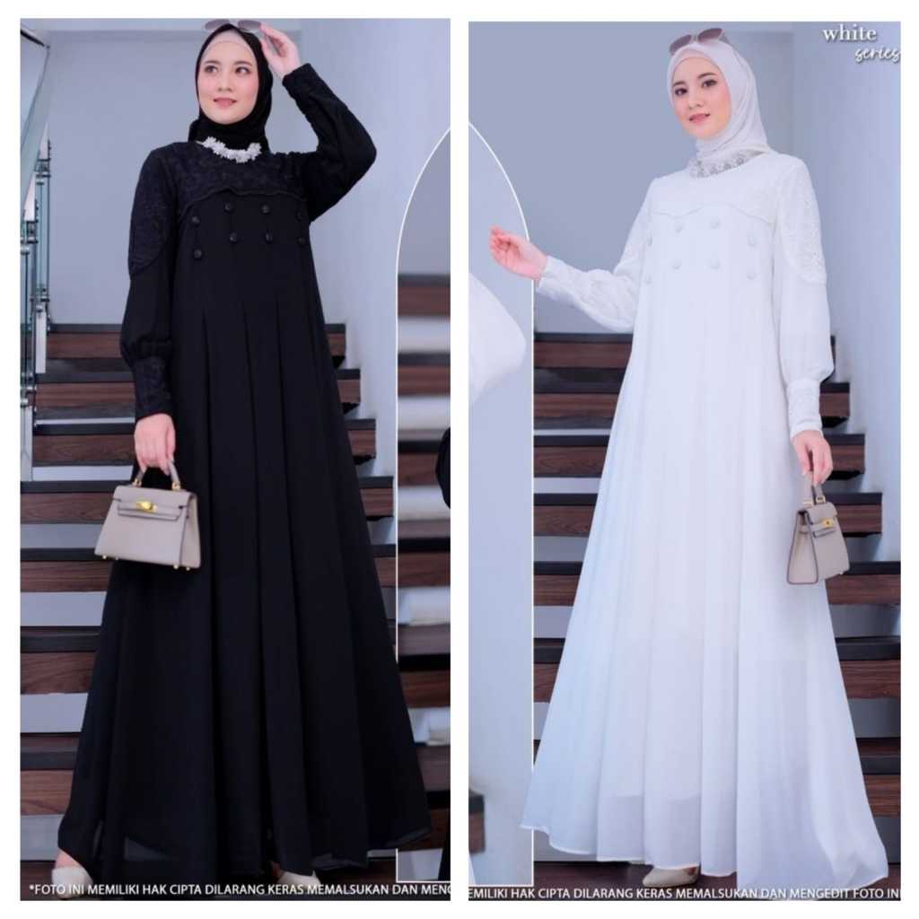 Gamis Pesta Mewah Elegan Dress Putih Hitam Gamis Ceruty