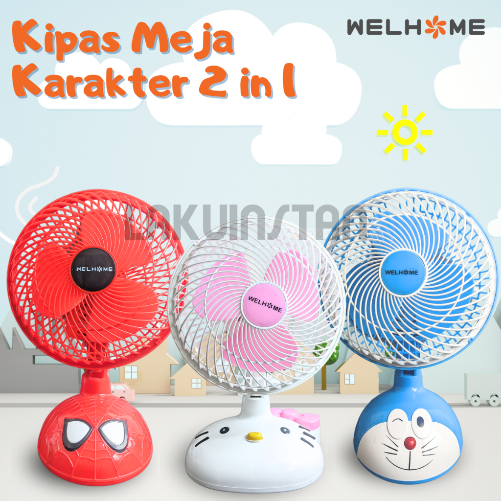 Kipas 2in1 Welhome 10 inch Karakter Doraemon hellokitty spiderman / kipas lucu karakter