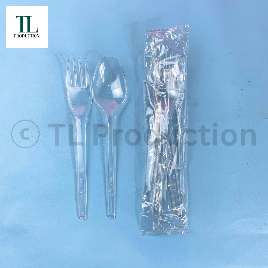 100pcs Sendok Set Makan Plastik (Sendok + Garpu) Transparan / Sendok Set Steril / Sendok Garpu Benin