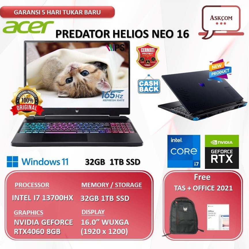 Acer Predator Helios Neo 16 I7 13700HX RTX4060 8GB | 32GB 1TB W11 OHS21 16.0WQXGA 165HZ 71.72DN