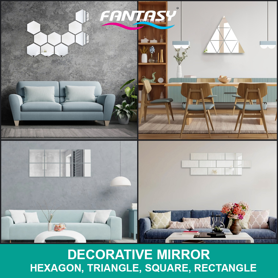 Fantasy Cermin Kaca Dekorasi Dinding Decorative Mirror Hexagon Rectangle Triangle Square Cermin Temp