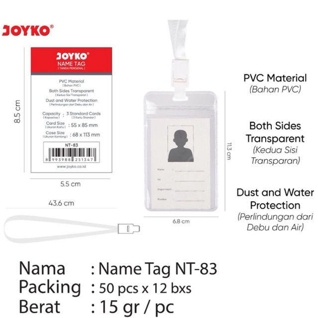 

( 1 set ) Joyko NT-83 Name Tag Id Card Transparant / Gantungan Kartu Nama Plastik Vertical Lanyard Potrait Motif Polos Warna Putih / Tanda Pengenal PVC Bening Horizontal 2 sisi / Nametag