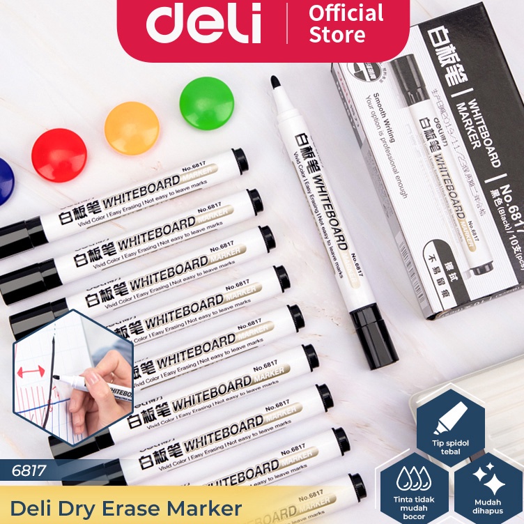 

ART U96P Deli Whiteboard Marker Spidol Papan Tulis Bisa Dihapus Isi 1 pcs HitamBiruMerah 6817