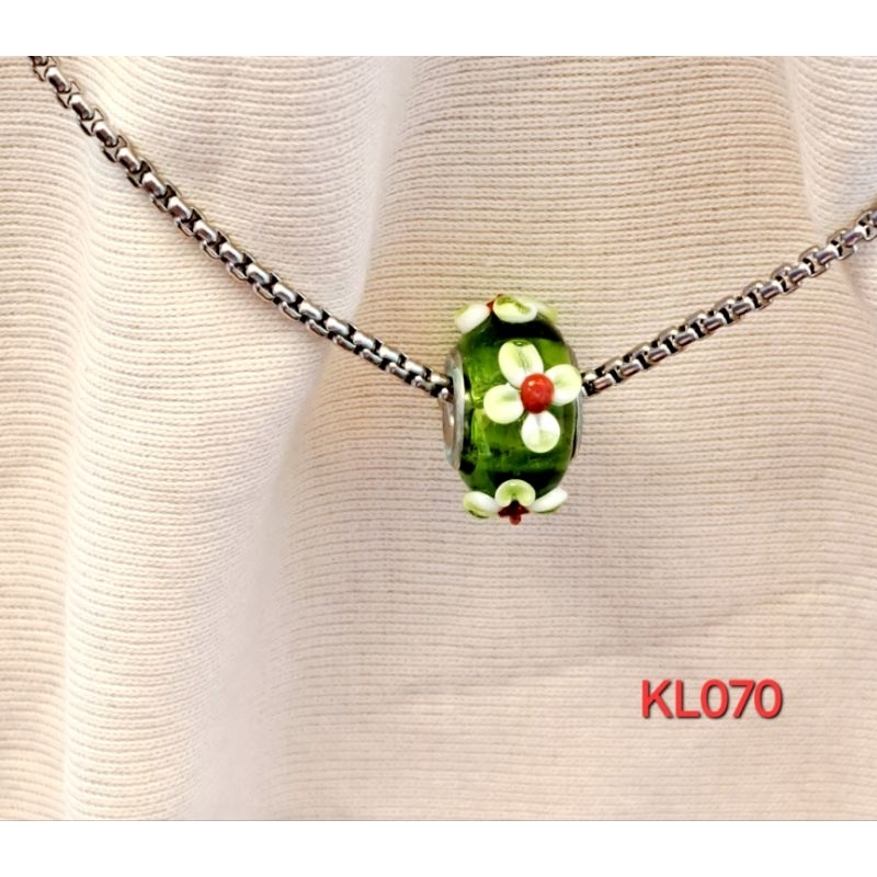 kalung rantai stainless steel liontin lampwork hijau/biru/tosca bunga 3D