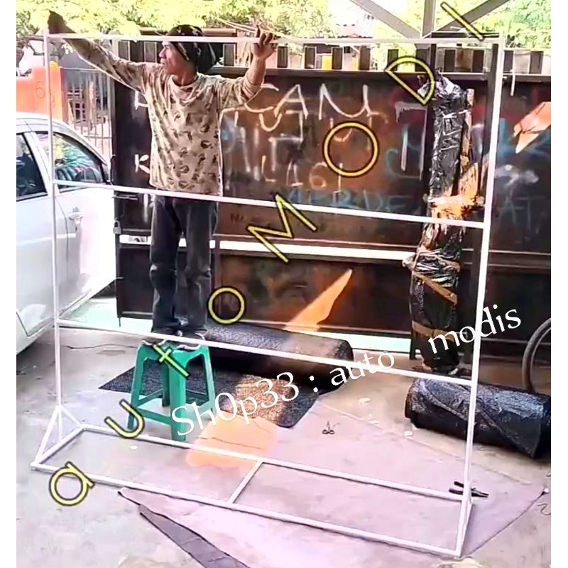 GAWANG HIJAB PUTIH BESI MINIMALIS BONGKAR PASANG TIANG BAZAR JUALAN KERUDUNG BERRODA DENGAN RODA