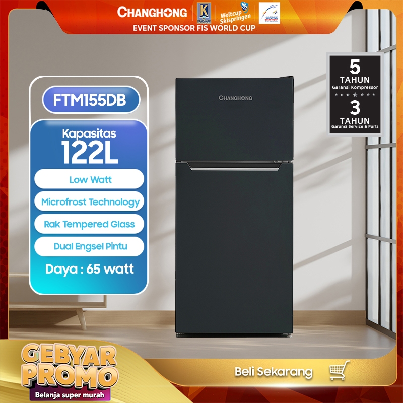 Changhong  Kulkas 2 Pintu  (Refrigerator) Lemari Es  Kapasitas 122 Liter FTM155DB Black (Semi Auto Defrost) (Kulkas Minimalis Design Korean Look) (Kulkas Fleksibel) (Kombinasi Pendingian Dan Pembekuan) ( Kulkas Temperred Glass)