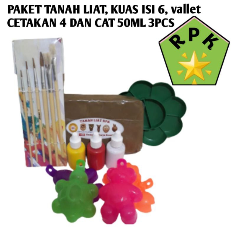 

Paket tanah liat|pallet|kuas isi 6|cat 50ml 3btl|cetakan 4pcs
