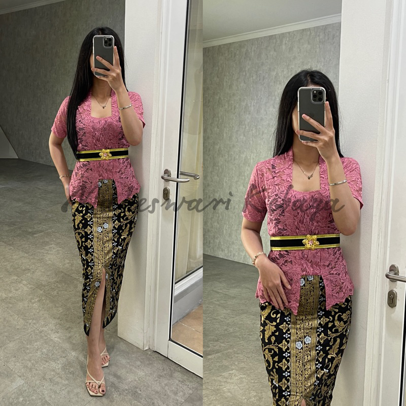 Kebaya Bali Murah Set Brukat Lengan Pendek Pink