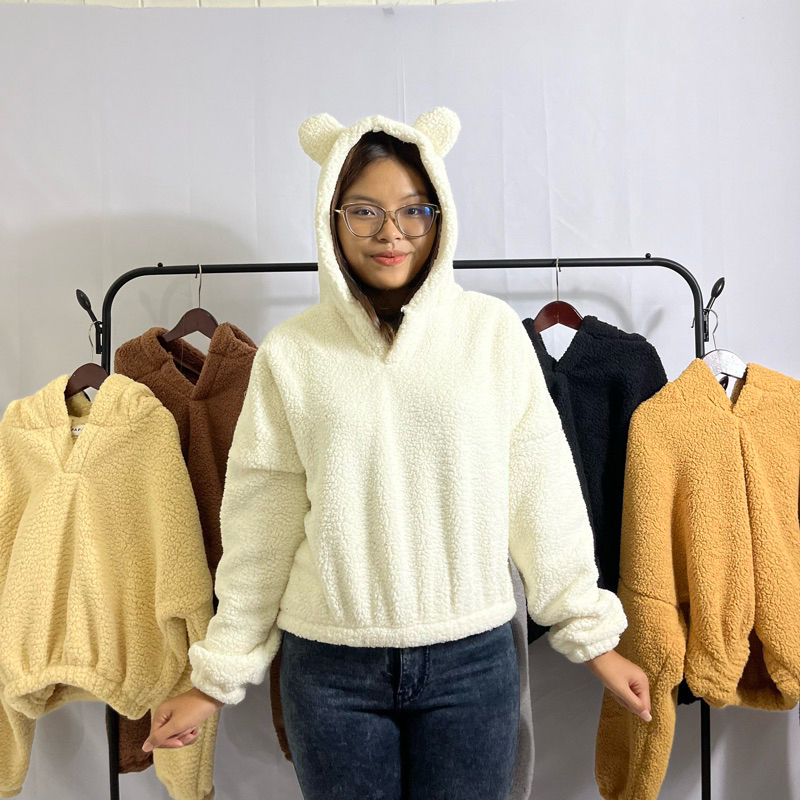 Sweater Hoodie Sherpa Crope V Bear Bulu Domba