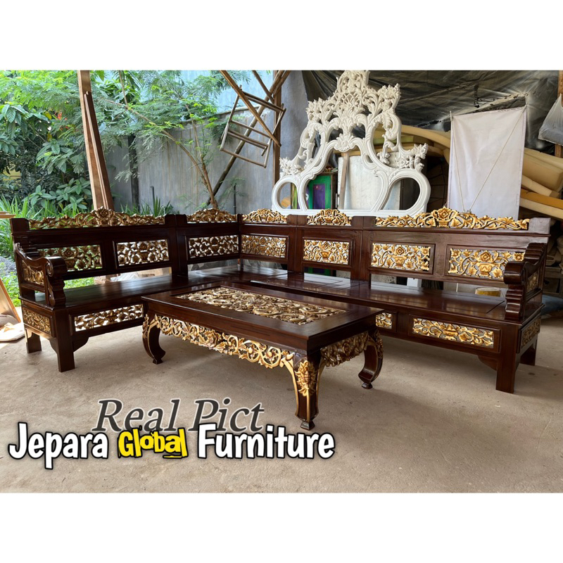 REAL PICT  Kursi tamu sudut ukir Jati bagong - kursi tamu ukir murah - kursi tamu sudut jati terbaru