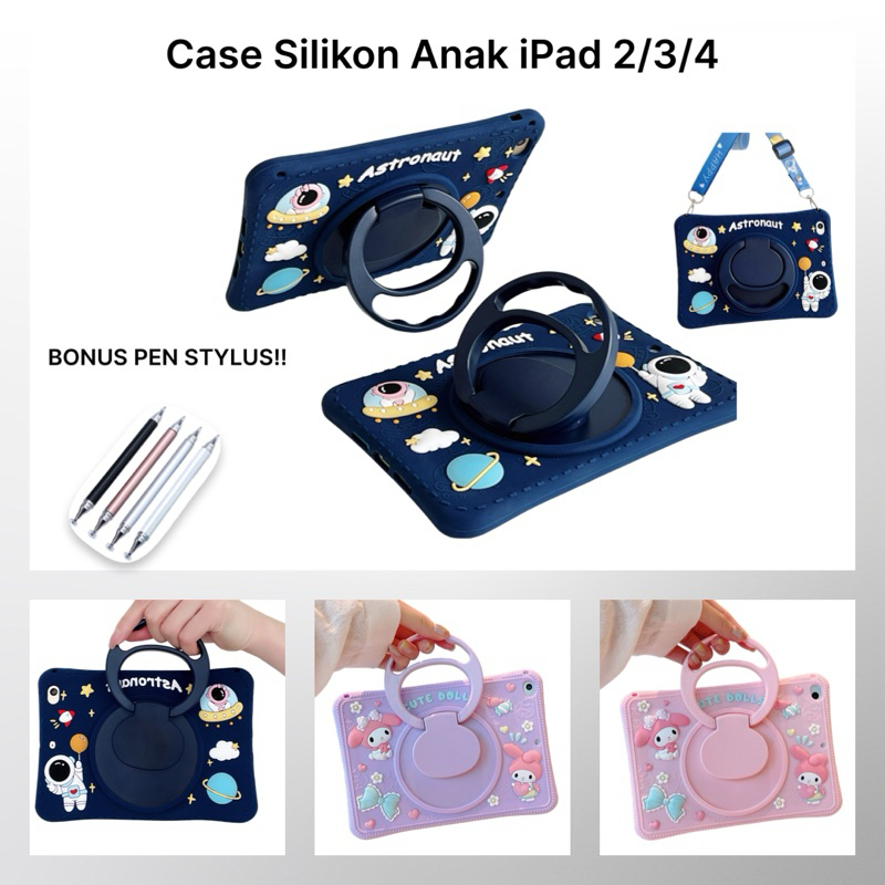 Case Lucu Anak iPad Gen 4 3 2 9.7inch Bonus Tali & Pen Stylus Bahan Silikon
