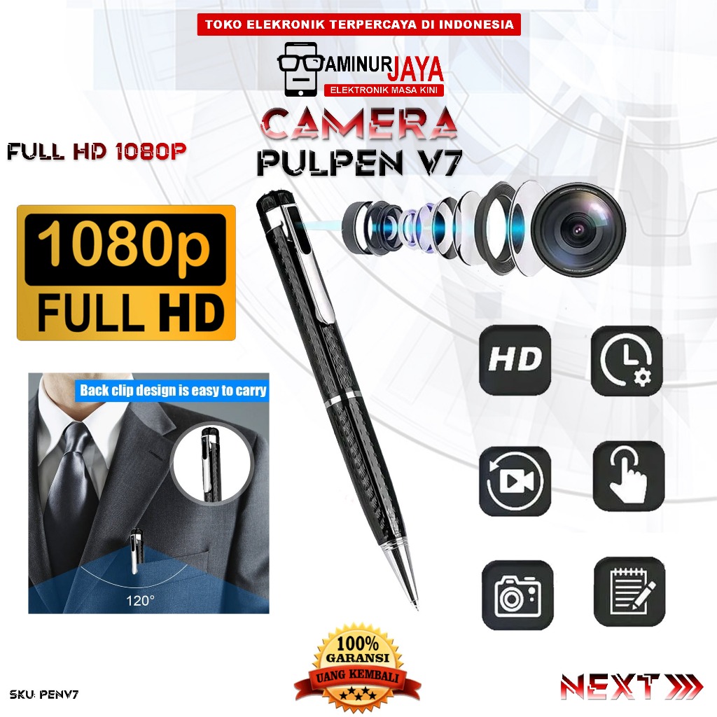 Kamera Mini Digital Spy Camera Pen Pena Saku Pocket Back Clip Portabel V7 HD 1080P Hidden Spycam Cam