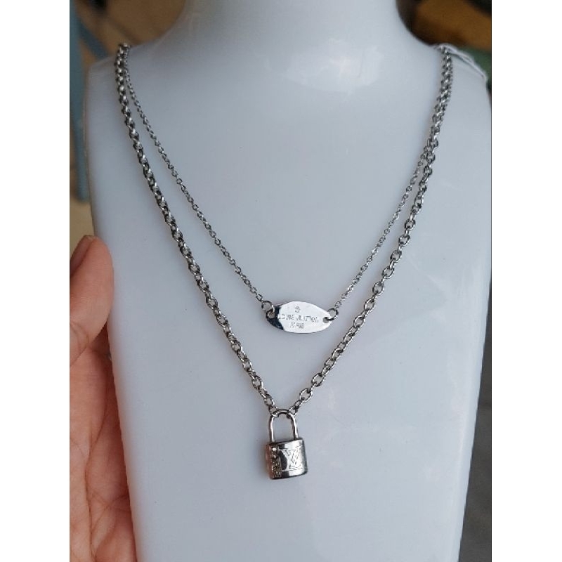 Kalung Titanium Silver liontin gembok