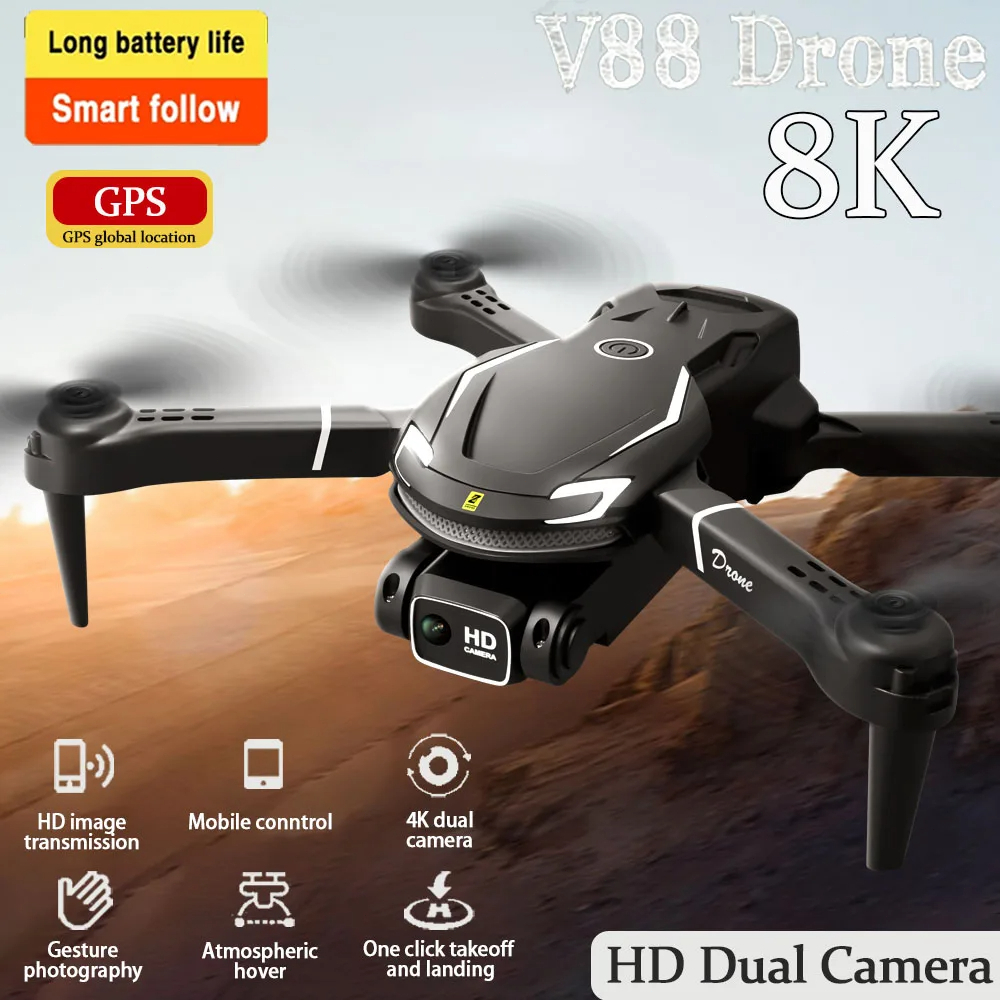 【COD】 Drona V88 4k HD Dual Camera Memposisikan Lipat Shoot Original Indoor Outdoor Drone  Mini Dengan Kamera HD WiFi Kamera sepenuhnya otomatis dan koneksi otomatis ke drone kendali jarak jauh