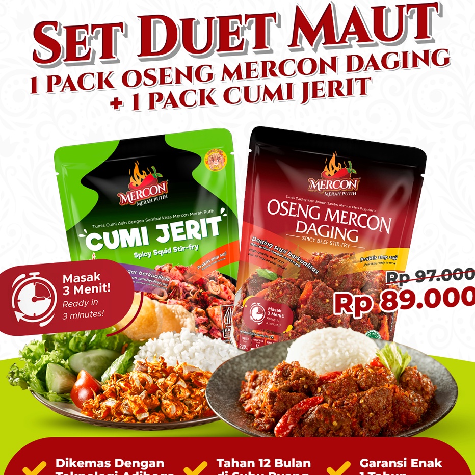 

Special Edition Mercon Merah Putih Set Duet Maut Oseng Mercon Daging Cumi Jerit Sambal Mercon