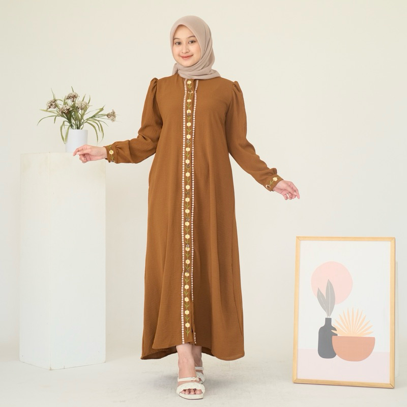 Womscloth - Midi Dress Crinkle Bordir - Dress Lebaran Busui Kancing Lengan Panjang - Gamis Wanita Muslim Terbaru-7