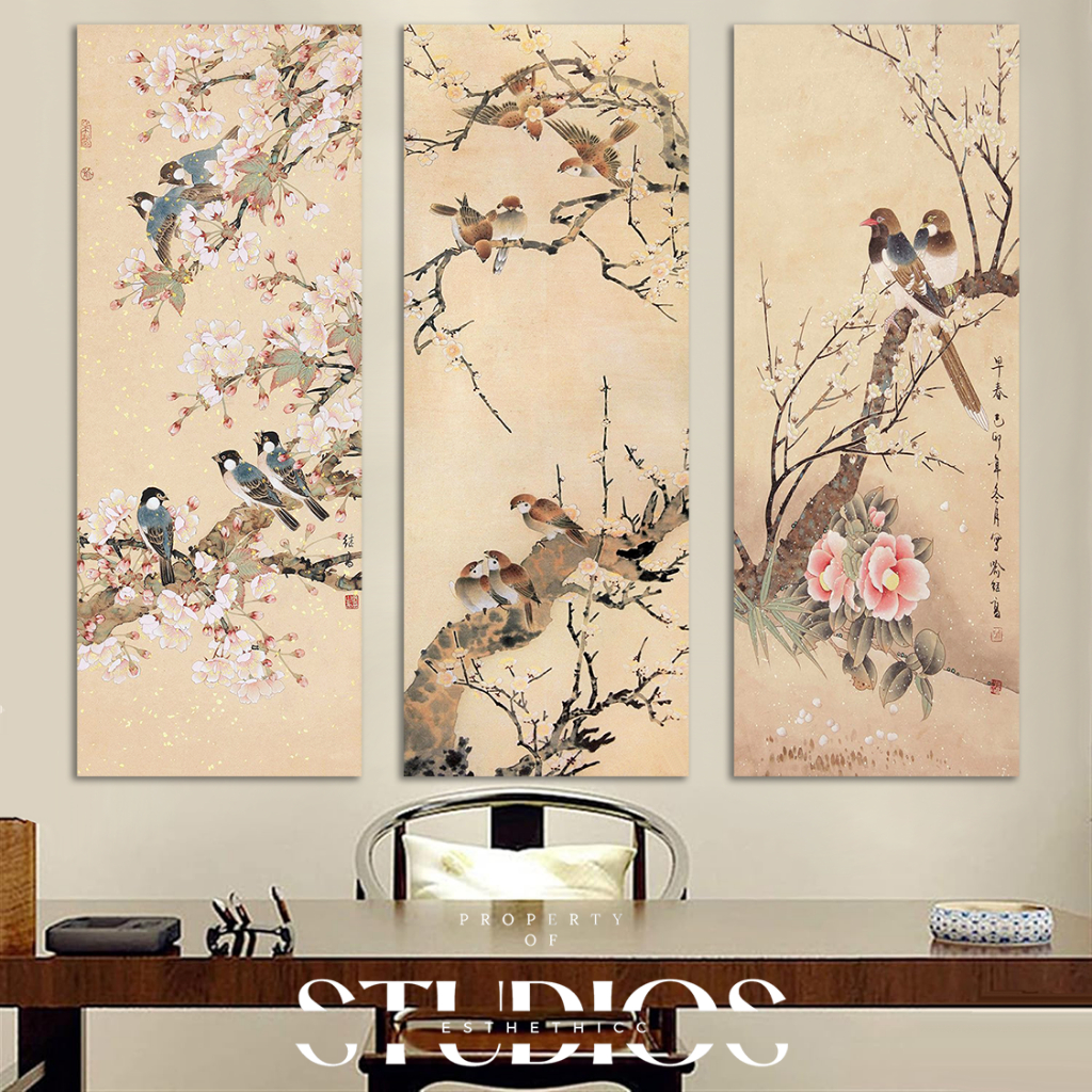 Lukisan Dinding Kanvas Bergaya Jepang dengan Motif Bunga Sakura dan Burung