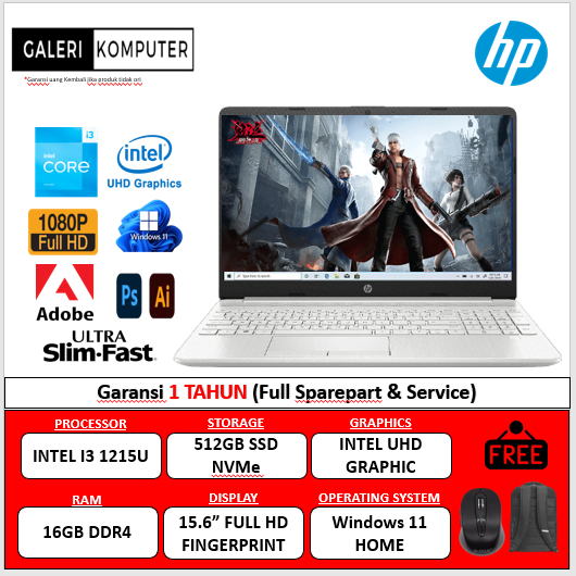 Laptop HP 15 INTEL I3 1215U 16GB 512GB 15.6 FHD FP WIN11HOME SILVER