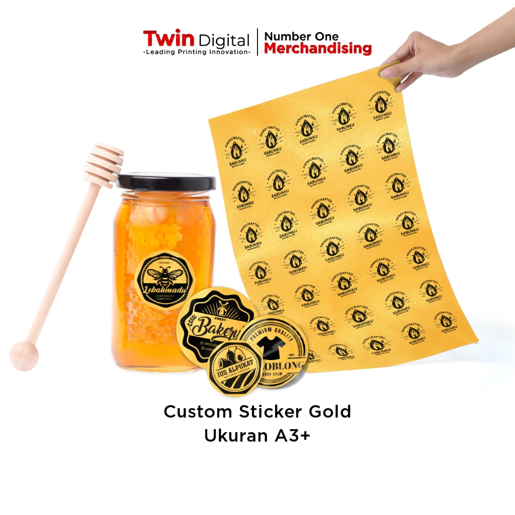 

Twindigital Custom Sticker Gold Metallic Label Kemasan Segel Produk Exclusive - Cetak Stiker Gold A3