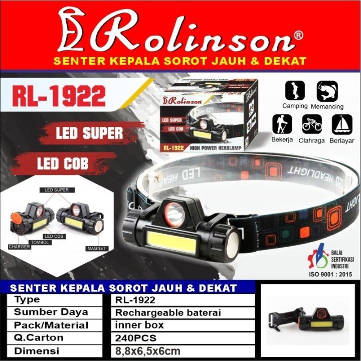 SENTER KEPALA ROLINSON RL-1922 LED COB RECHARGEABLE HEADLAMP SOROT SENTER KEPALA