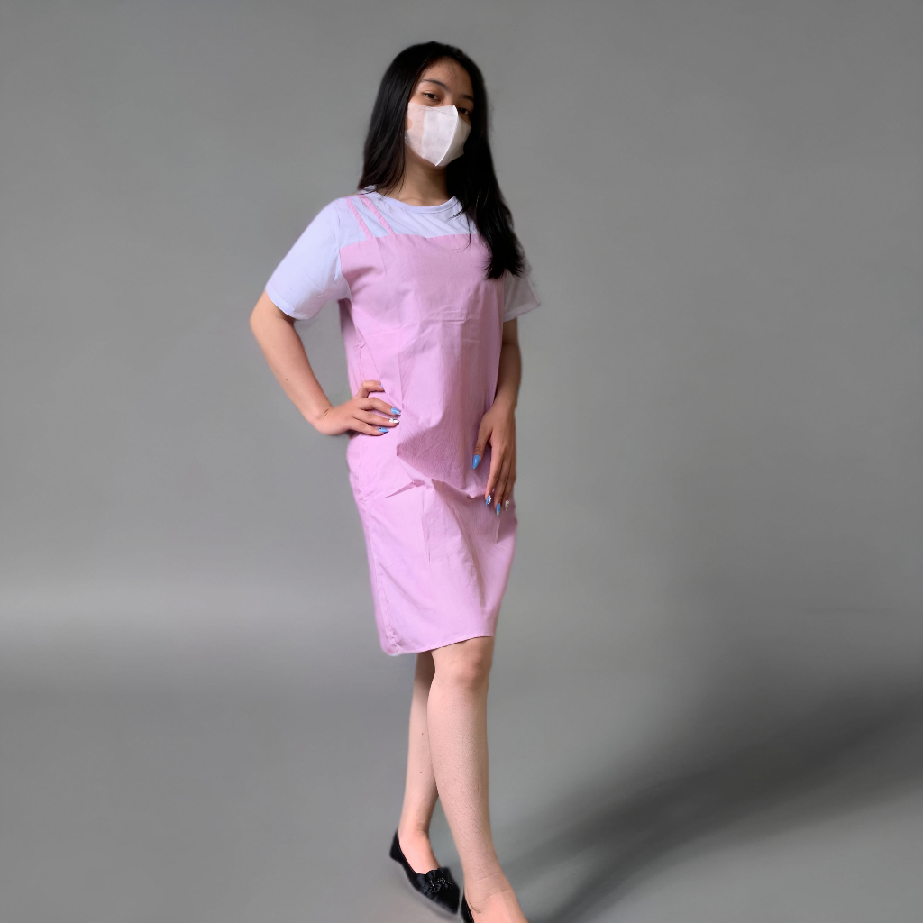 Dress Casual Gaun Korea Model Simple Dress stripe Kombinasi Dress Remaja salur Pink Zh