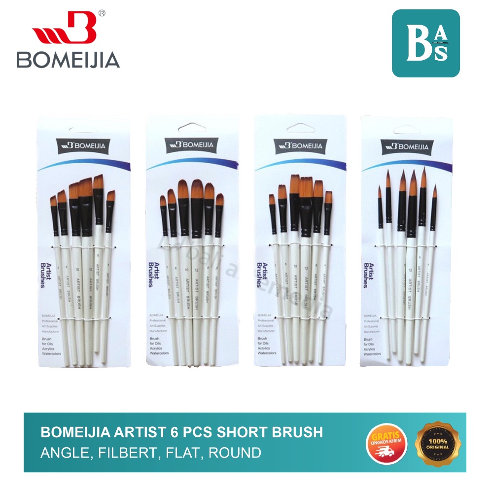 

KODE V28Y BOMEIJIA Artist 6 pcs Short Handle Brush Round Filbert Angle Flat Kuas Lukis