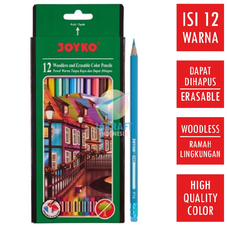 

Ready Menarik 12 Pcs Pensil Warna 12 Warna Panjang Bisa Dihapus JOYKO Erasable Color Pencil CP19 High Quality