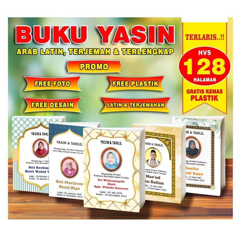 Cetak buku yasin dan Tahlil Free Foto 128 halaman + yasin Custom 40 hari / 100 hari