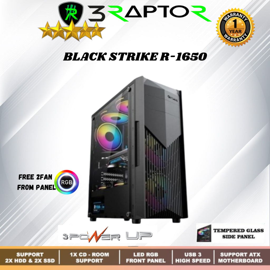 Casing Gaming/PC/Office RAPTOR Black Strike 1650 - Tempered Glass - Free 2 FAN