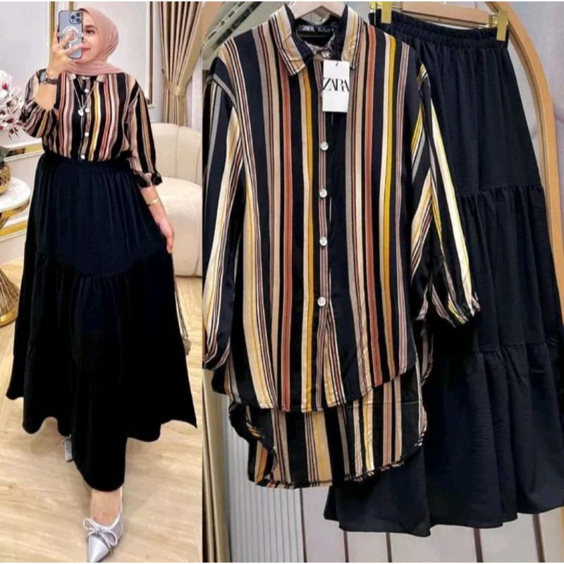 ONE SET RAYON - SETELAN KEMEJA MOTIF SALUR / ONE SET KEMEJA SALUR DAN KULOT//SETELAN WANITA BAJU DAN