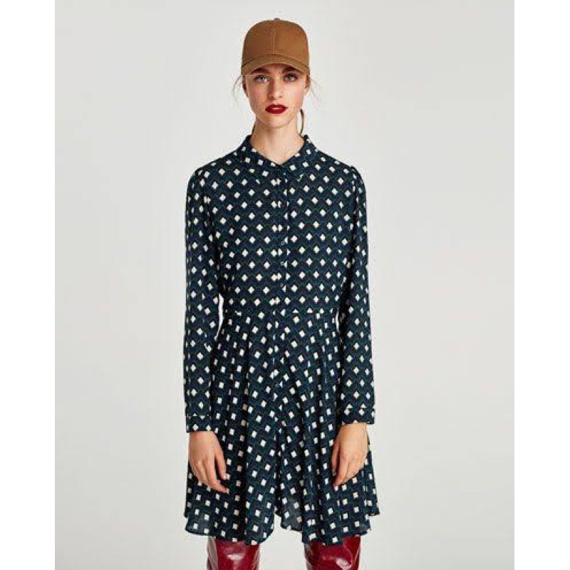 Preloved Graphic Checked Blue Green Zara Shirt Dress