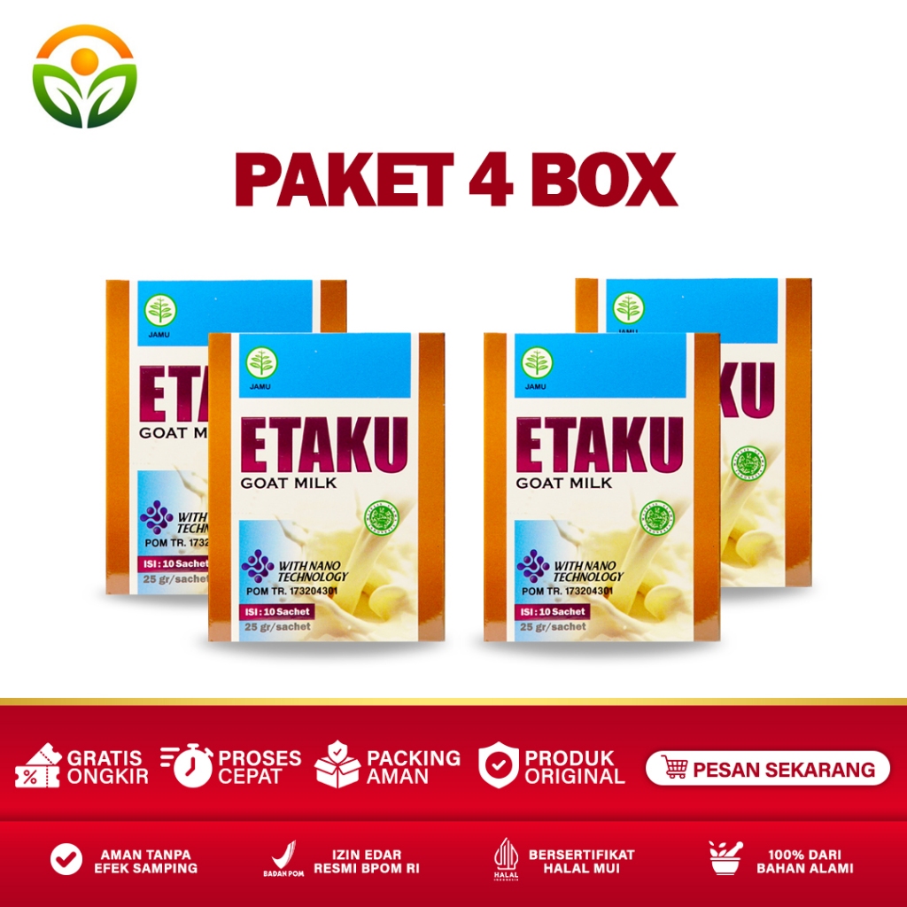 

Almira Herbal - Paket 4 Box Etaku Goat Milk Susu Kambing Etawa Murni Bubuk Sudah Bpom dan Halal