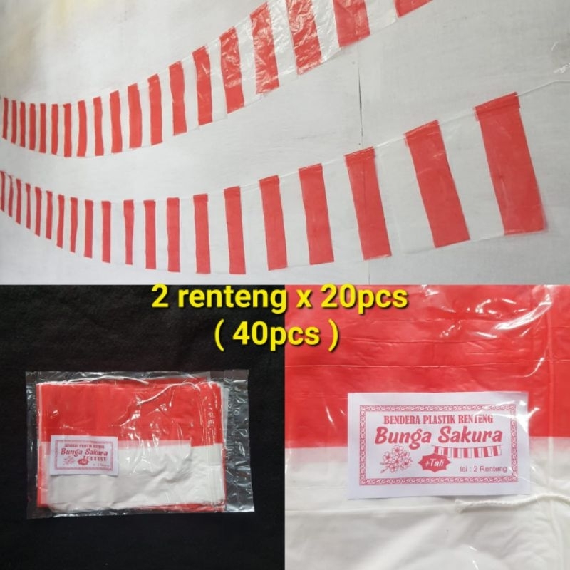 40pcs Bendera Renteng Plastik Plus Tali / Bendera Merah Putih Bendera Indonesia Bendera Tali