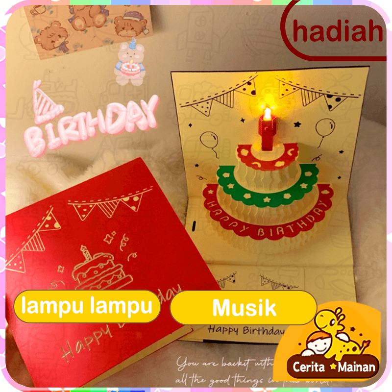 BISA COD Kartu Ulang Tahun Pop Up 3D, Putar Musik Otomatis Pemanasan Musik Lampu LED Kartu Kue Ulang