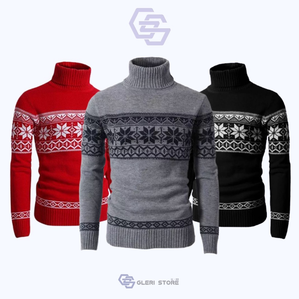 Penawaran Terbaik Turtleneck Motif Sweater Rajut Pria Longneck Blacky Tribal Bahan 7Get Tebal Sweate